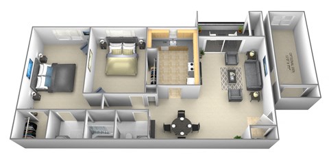 Floor plan for 2 beds, 1.5 baths, 844 sqft